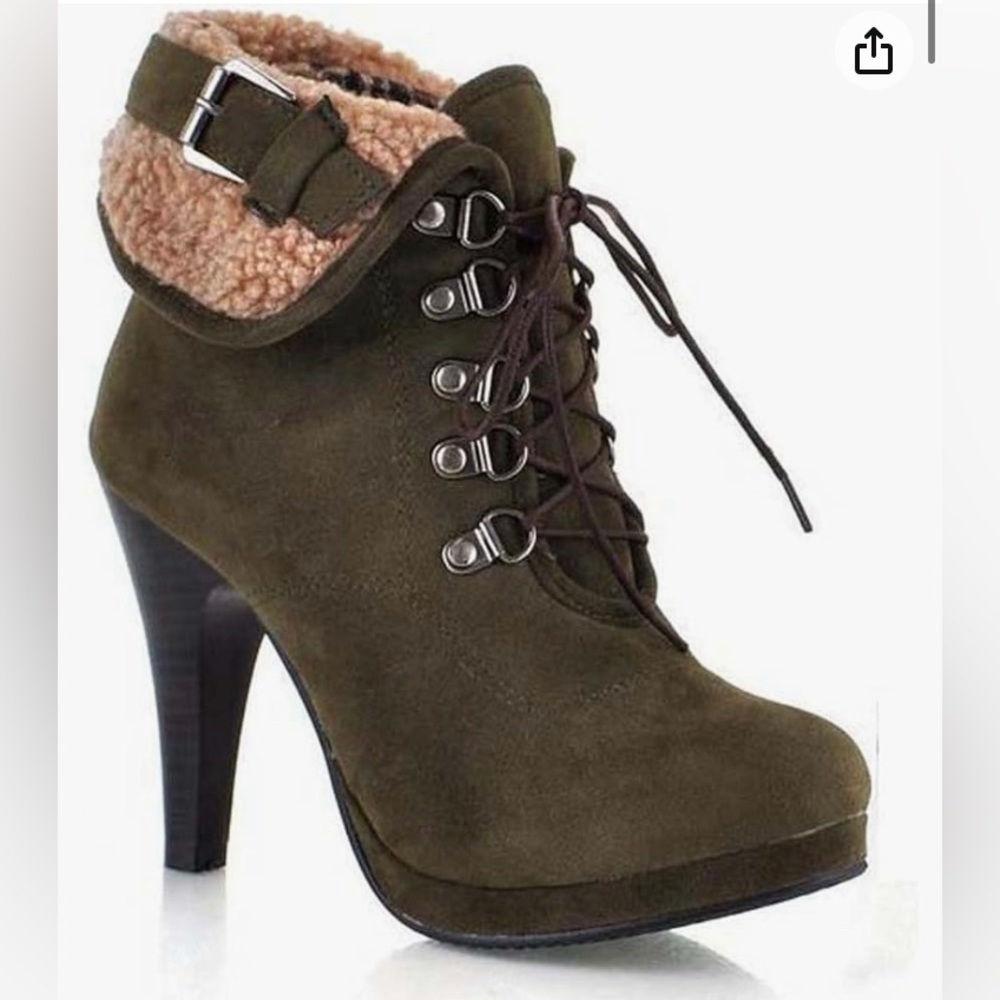Wenjhen Women Lace Up Flanging Boots High Heel Ankle Round Toe Pumps Sho…